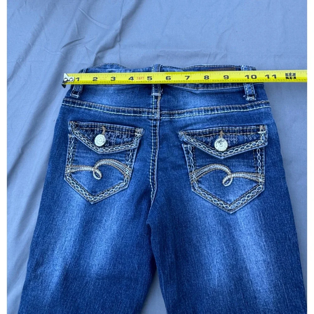Justice Girls Premium Jeans Dark Wash Sequin Rhinestone Embellished Size 7R Blue